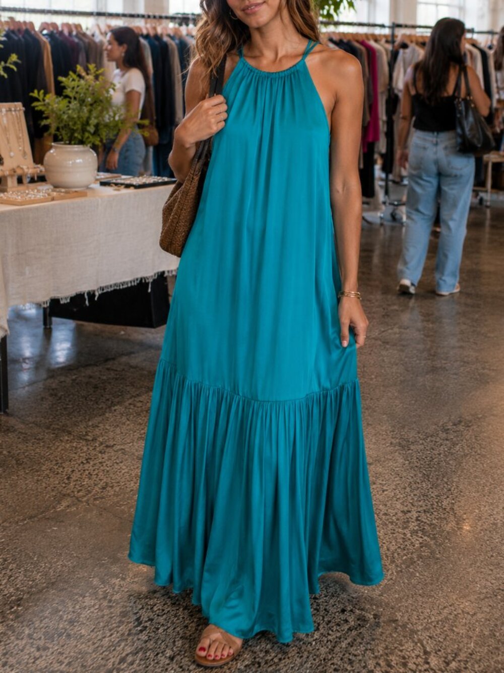 Banana Republic Turquoise Halter Maxi Dress S Flowy Tiered Lined